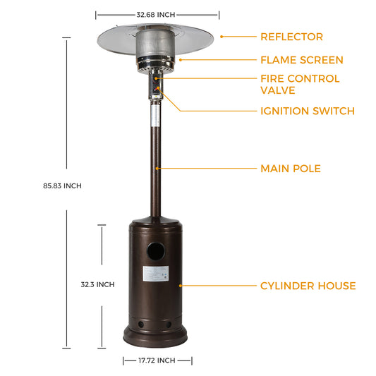 46000BTU Propane Hammered Bronze powder coated Iron Mushroom Outdoor Patio Heater, with Two Smooth-rolling Wheels,,with Hose Set,with Black Cover