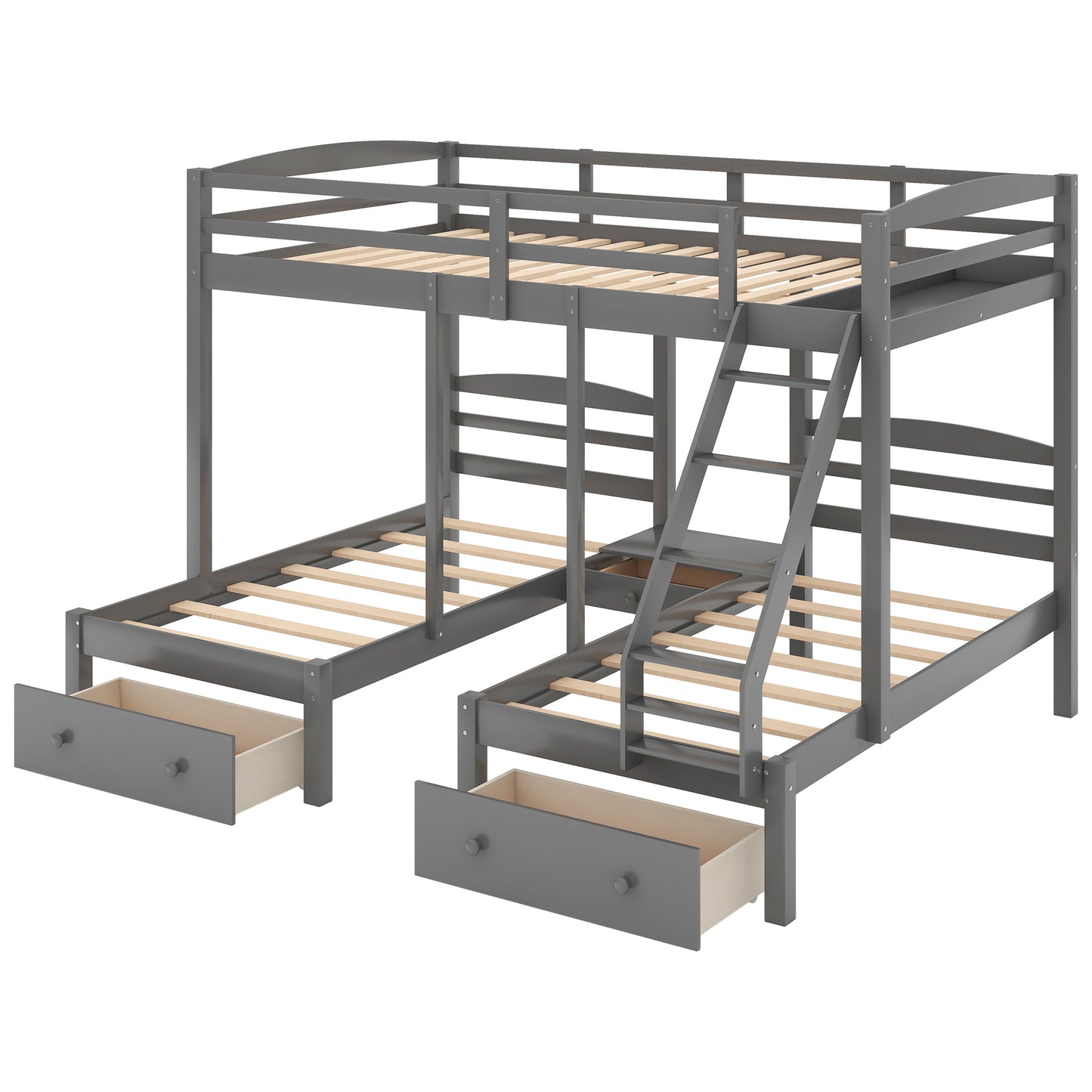 Full over Twin & Twin Bunk Bed,Triple Bunk Bed with Drawers, Gray