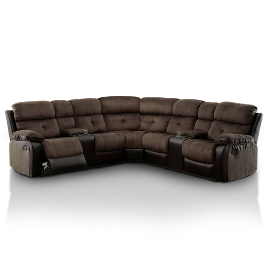 Roxan Transitional Champion Fabric and Faux Leather Reclining Sectional with 2 Consoles