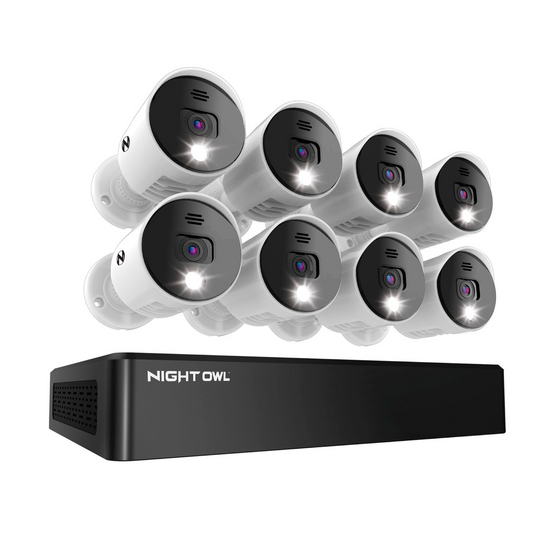 Night Owl - 8-Channel, 8-camera Indoor/Outdoor Wired 4K Ultra HD 2TB DVR Spotlight Surveillance System - White