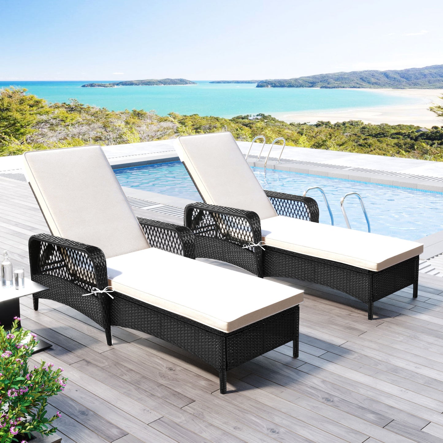 GO Outdoor patio pool PE rattan wicker chair wicker sun lounger, Adjustable backrest, beige cushion, Black wicker (2 sets)