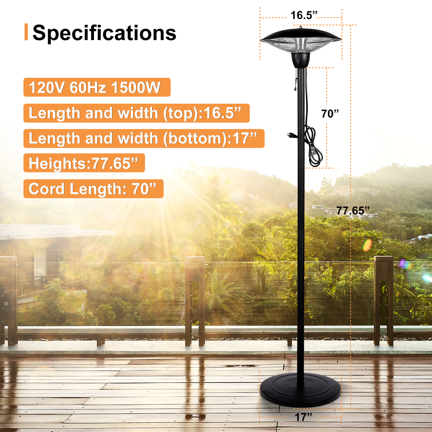 Simple Deluxe 1500W Patio Heater,Outdoor Patio Heater,Outdoor Electric Heater,Infrared Heater for Patios and Balconies, Camping, Tailgating 77.65" * 17"* 16.5"